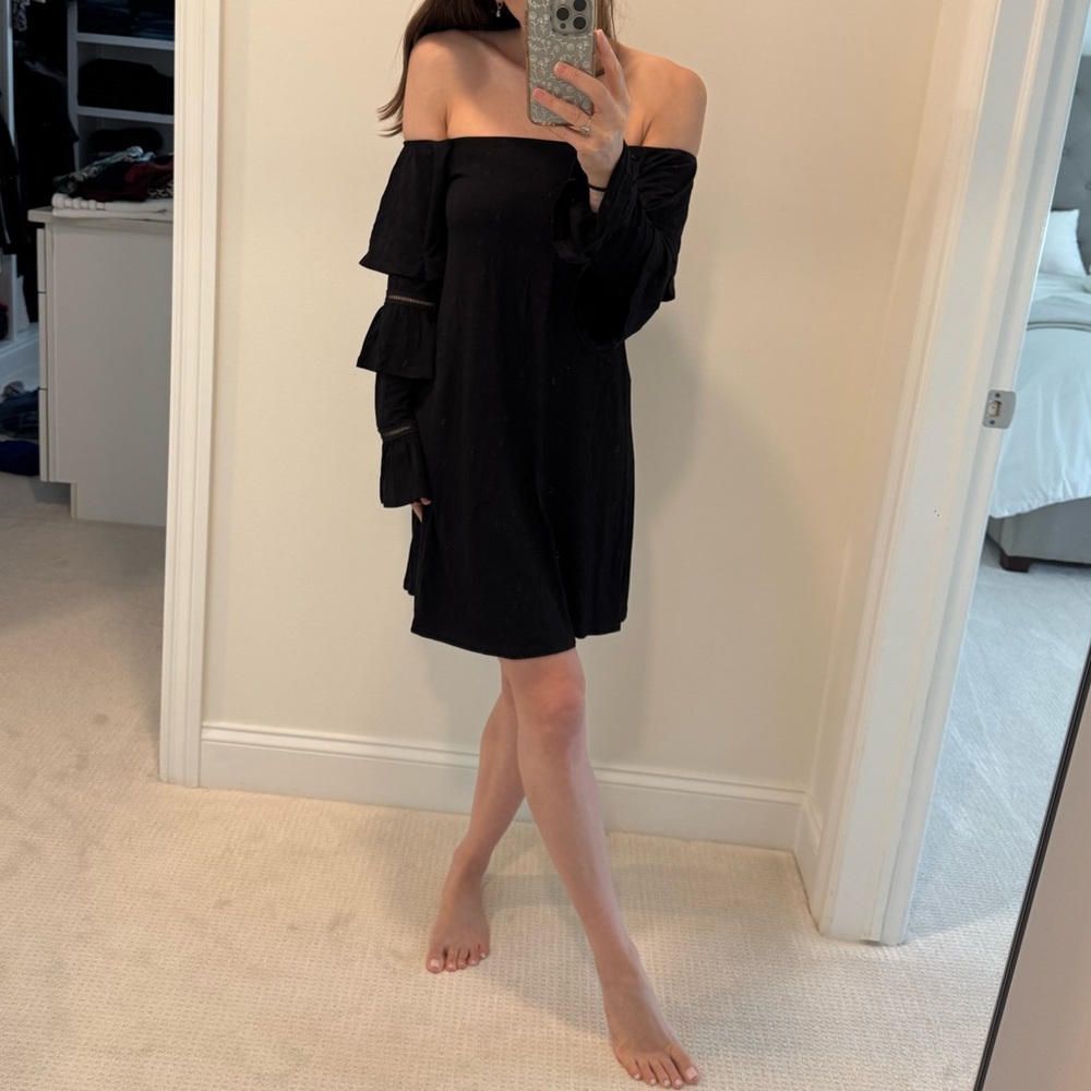 Black off the shoulder long-sleeve ASOS dress with flamenco sleeves - size 2